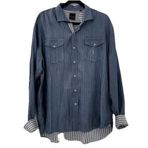 7 Diamonds Mens Chambray Blue Striped Flip Cuff Button Down Shirt XXL EUC